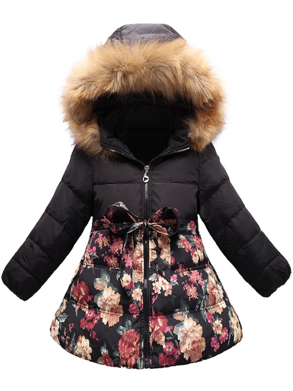 Girls' Black Floral Hooded Winter Coat with Fur Trim